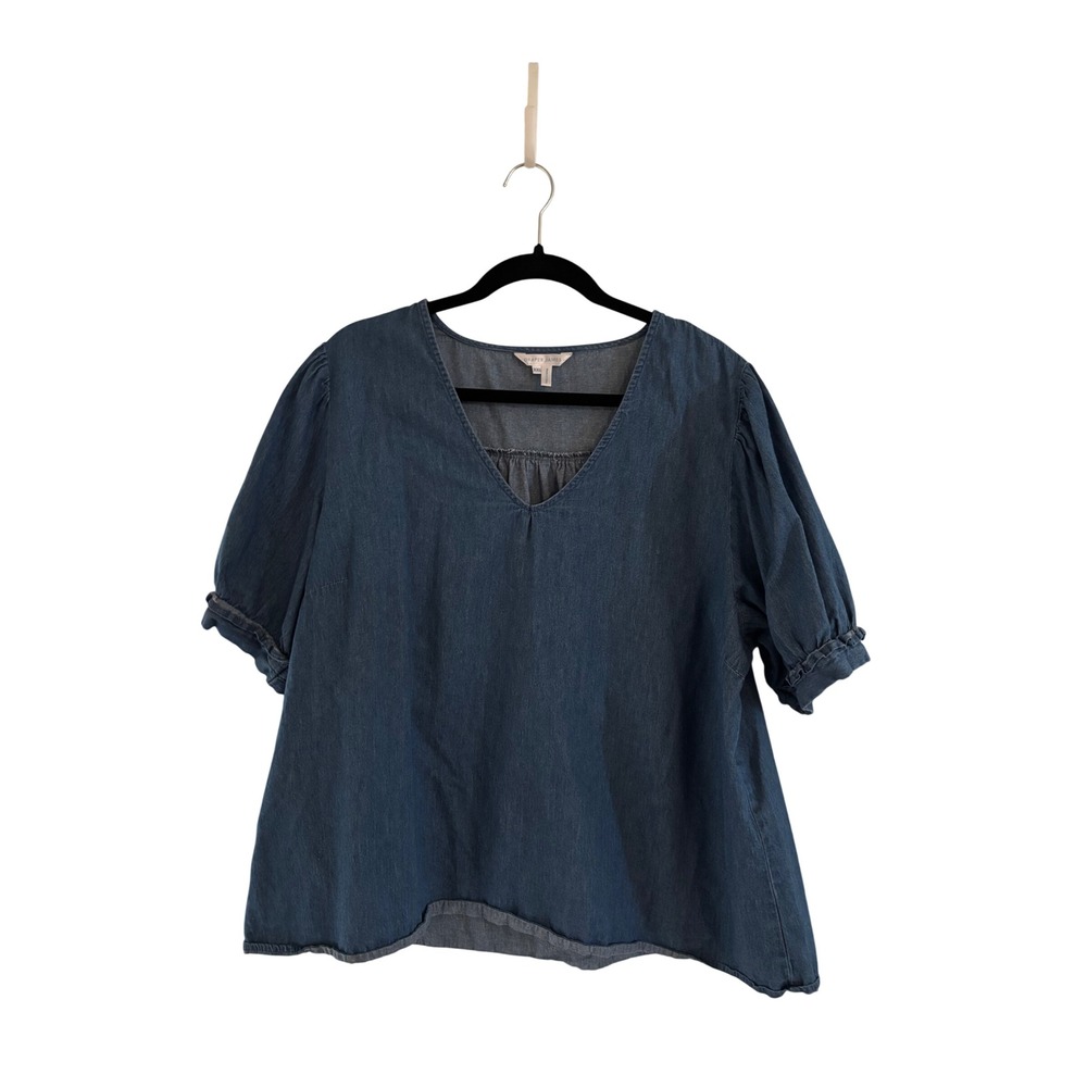 Draper James Blue Denim V-Neck Puff Sleeve Blouse XXL Cotton